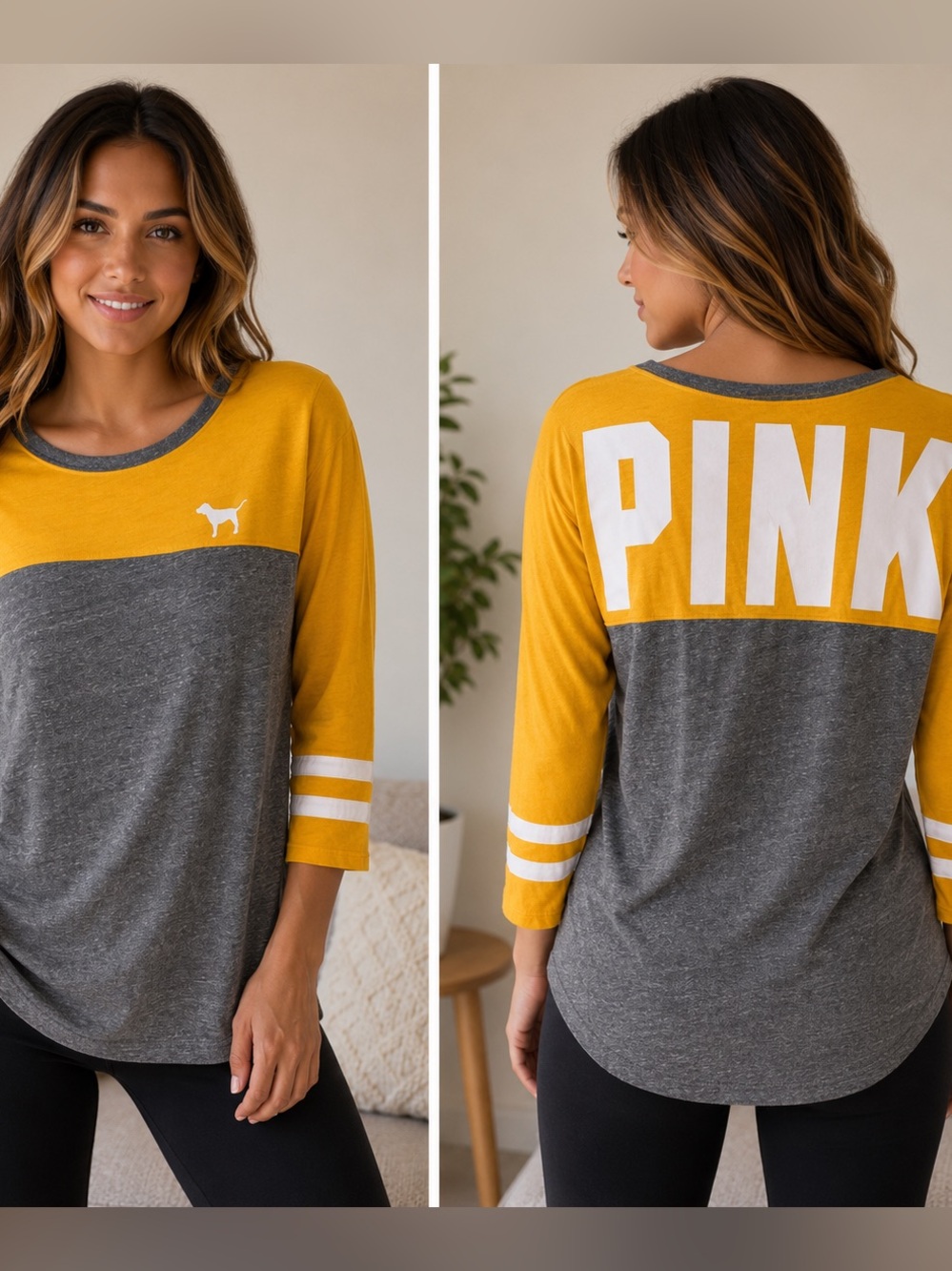 PINK Victoria’s Secret Colorblock Varsity Tee Yellow Gray Long Sleeve Top